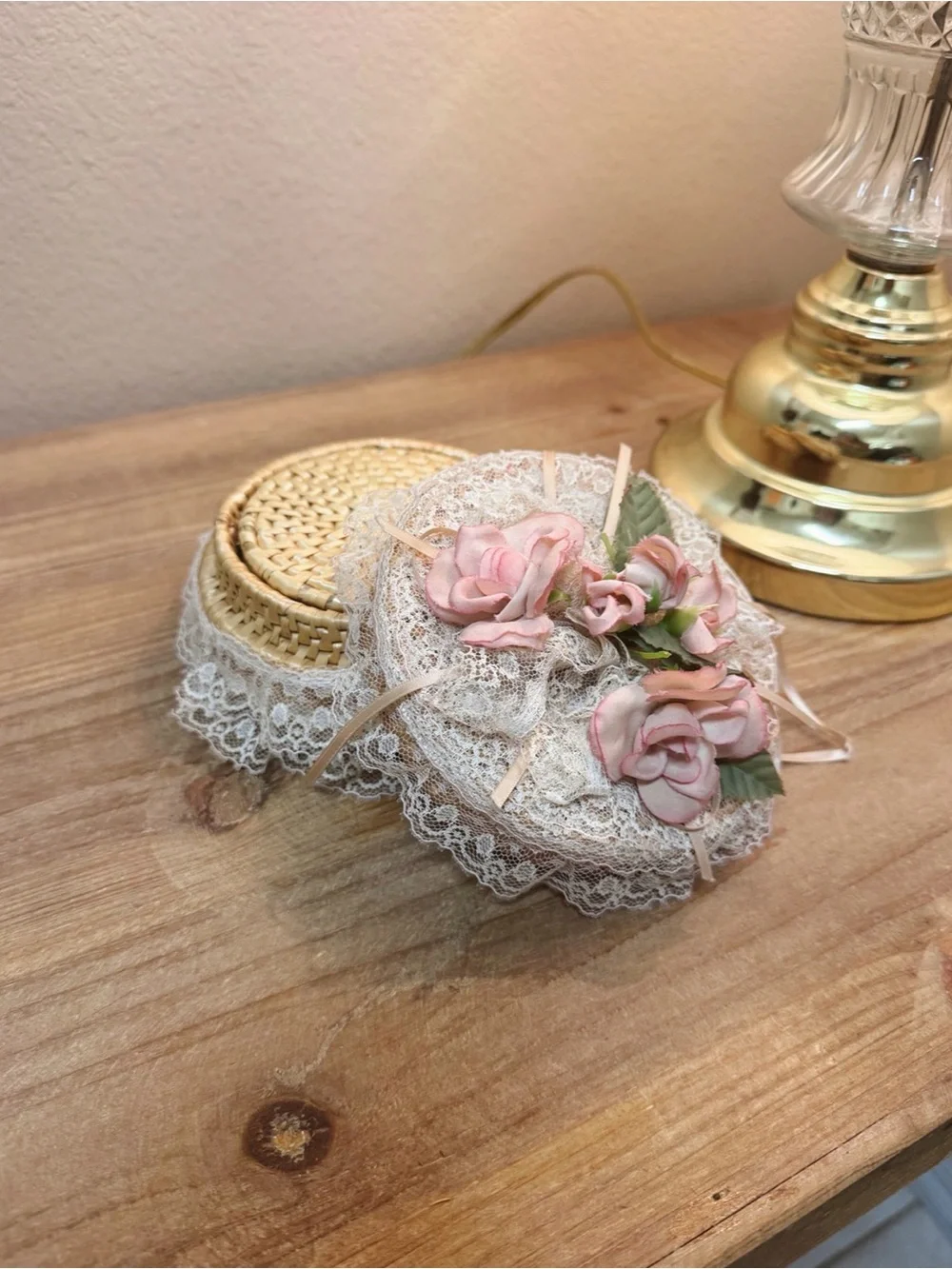 Antique Pink and Cream Lace Floral Trinket Box